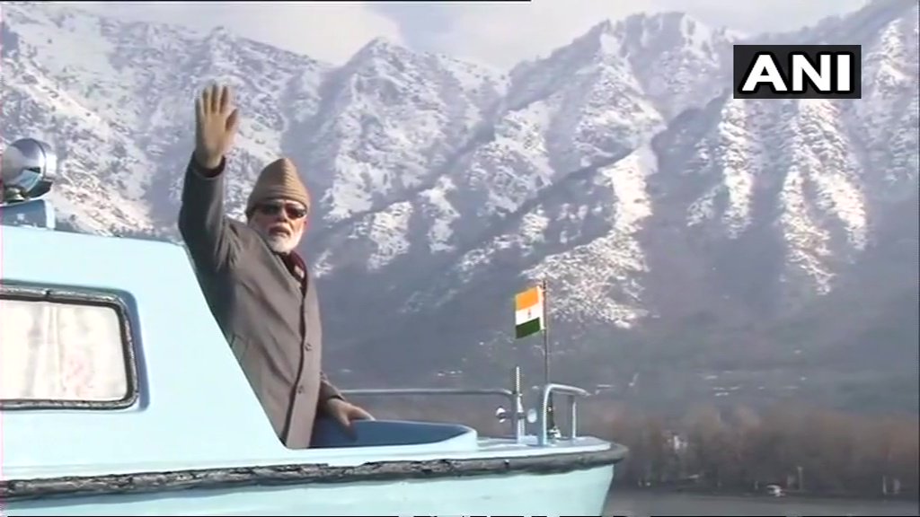 Visuals of Prime Minister Narendra Modi at Dal lake in Srinagar.