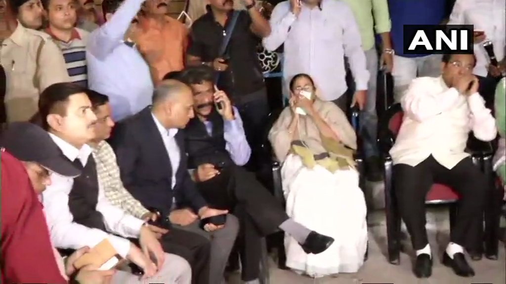 Mamata Banerjee sitting on her 'Save the Constitution' dharna at Metro Channel, Kolkata.