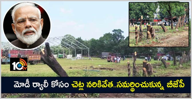 మోడీ ర్యాలీ కోసం చెట్ల నరికివేత..సమర్థించుకున్న బీజేపీ మోడీ ర్యాలీ కోసం చెట్ల నరికివేత..సమర్థించుకున్న బీజేపీ
