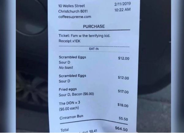 Family with the terrifying kid: New Zealand cafe writes on bill for a woman's 2-yr-old daughter