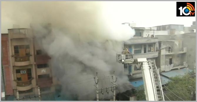 Delhi: Fire fighting operations underway at a shoe factory in Narela Industrial area