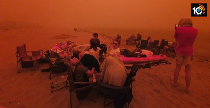 Locals in Australia Run to the Waterside from the Bushfire as the Sky Turns Crimson