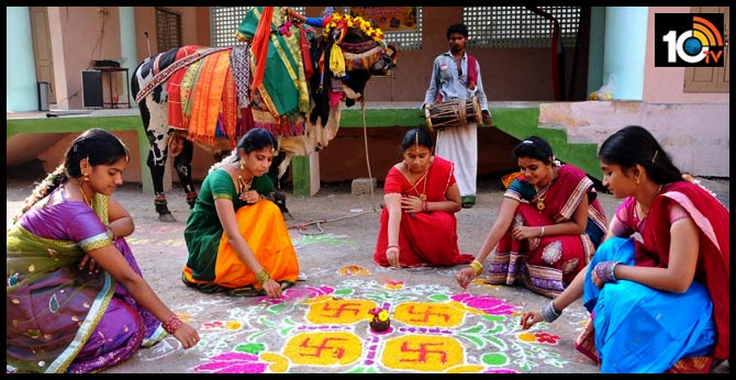 sankranti festival : Colorful Rangolis and young girls kolatam