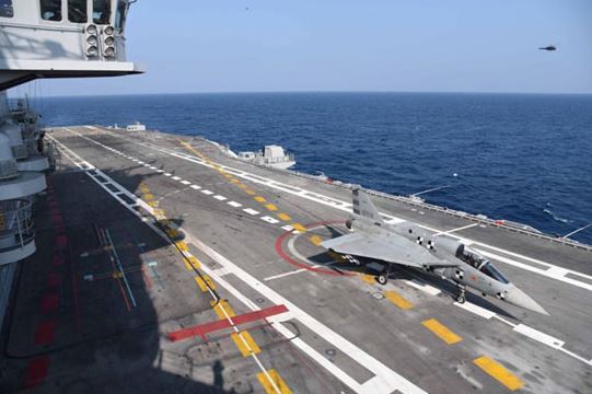 Landing by the Naval Light Combat Aircraft on-board the aircraft carrier INS Vikramaditya