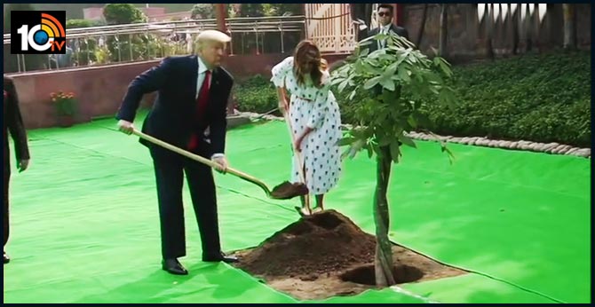 Delhi: US President Donald Trump & First Lady Melania Trump plant a tree at Raj Ghat.