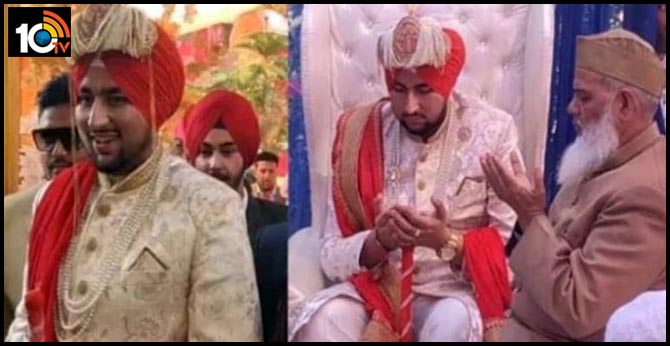 Muslim bride groom tie a Sikh turban on his wedding