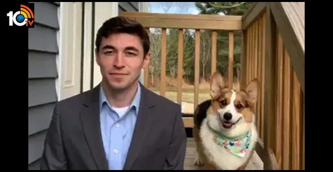 journalist live telecast from home with his Puppy