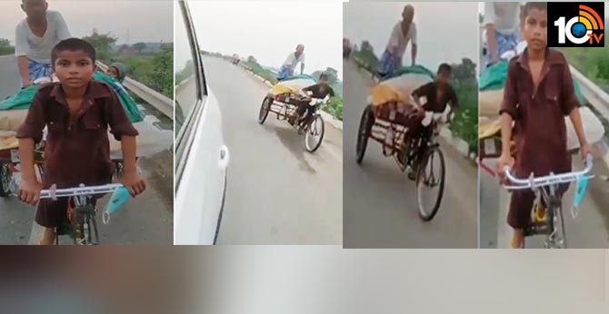 11-year-old boy taking his parents on a cycle rickshaw.