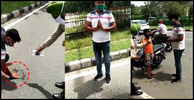 young man spitting on the road..chandigarh  police punishment