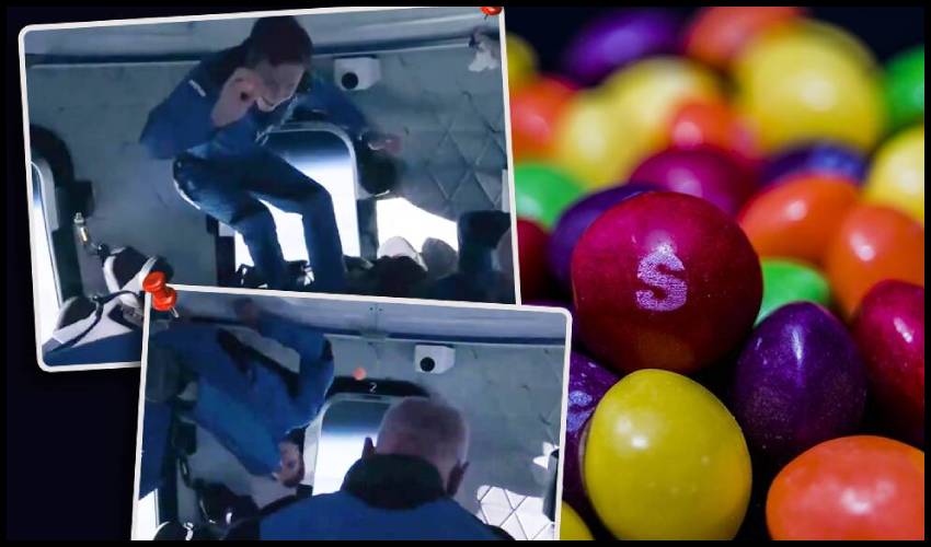 Jeff Bezos And Crew Pass Skittles To One Another On Blue Origin Flight