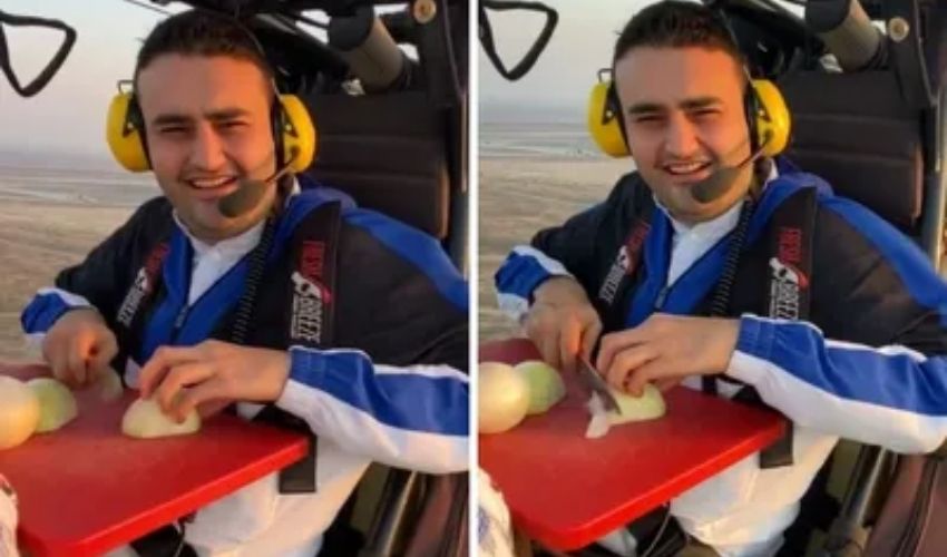 Smiley Chef cuts onion aboard a flying vehicle