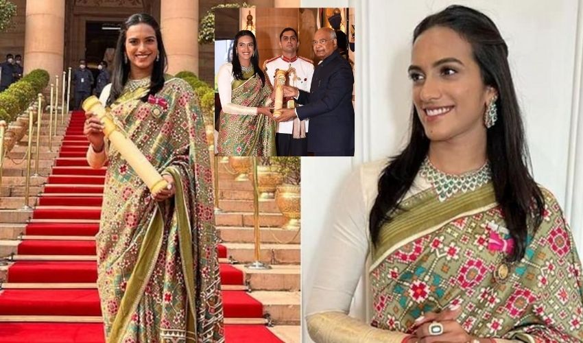 Pv Sindhu In Patola Saree On Padma Bhushan Award