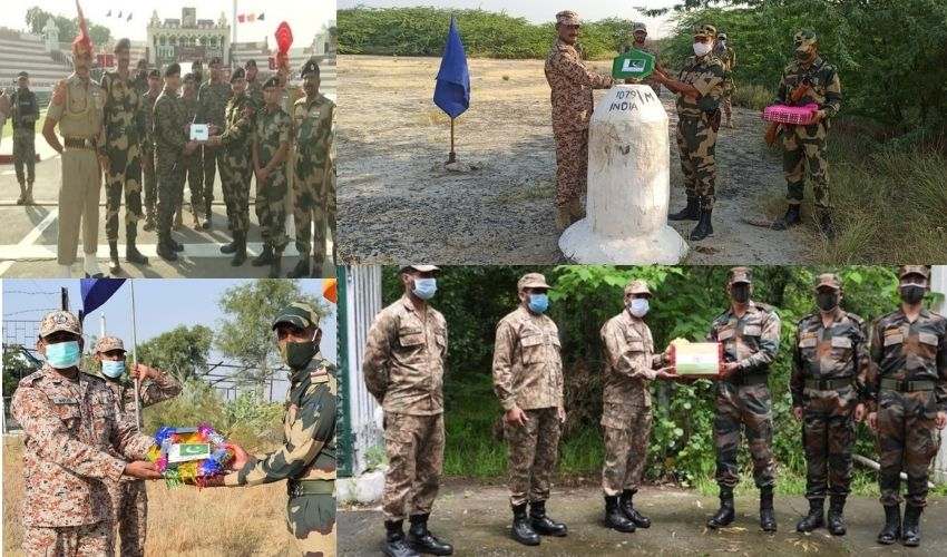 BSF Exchange Sweets With Pak Rangers : దీపావళి స్వీట్లు పంచుకున్న భారత్-పాక్ సైనికులు BSF Exchange Sweets With Pak Rangers : దీపావళి స్వీట్లు పంచుకున్న భారత్-పాక్ సైనికులు