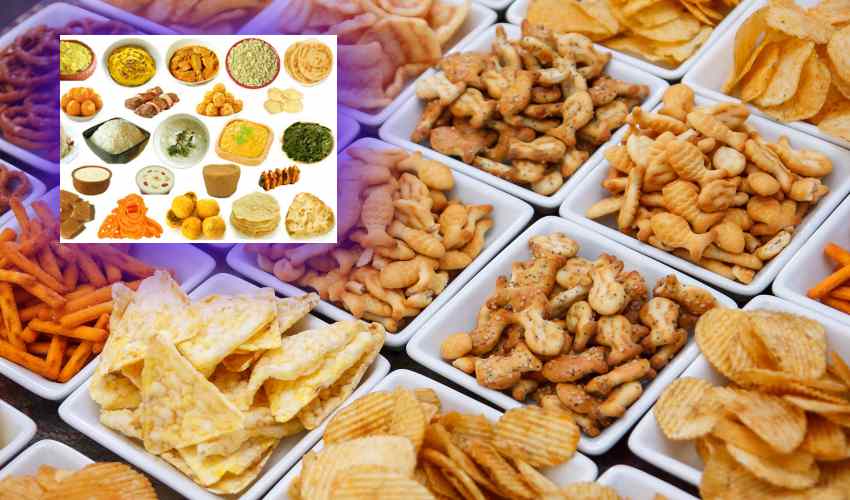 Many Types Of Savoury Snack In White Dishes
