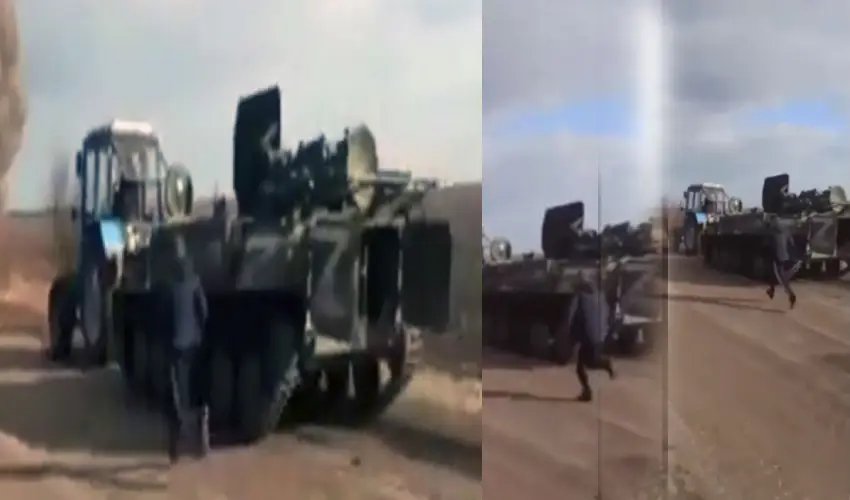 Ukraine Farmer Steals Russian War Tank Using Tractor