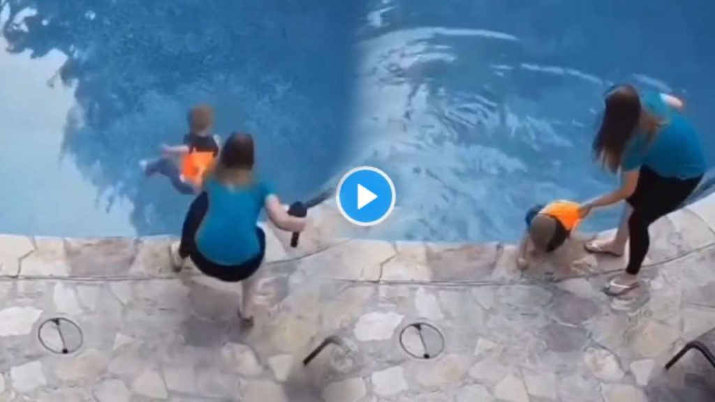 Mom Reflexes Mother Catches Son Jumping Into Swimming Pool Mid Air With One Hand, Saves The Day – Watch