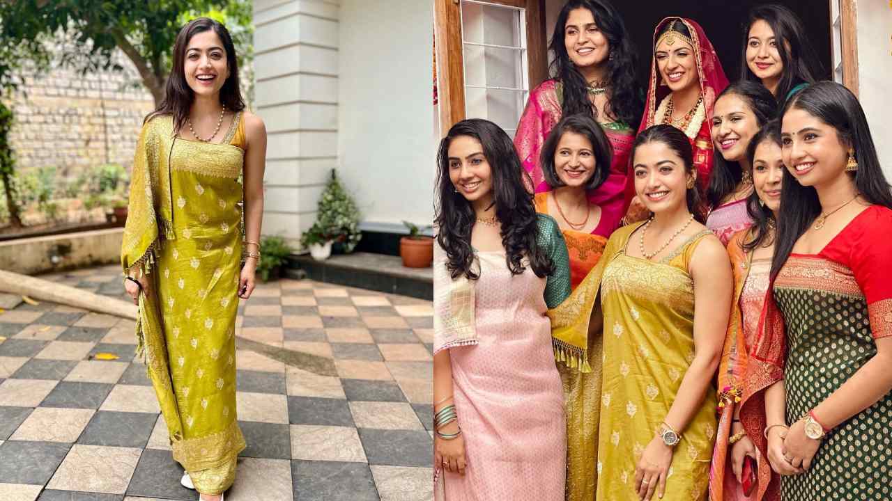 Rashmika Mandanna :  వెరైటీ చీరకట్టుతో ఫ్రెండ్ పెళ్ళిలో రష్మిక హడావిడి