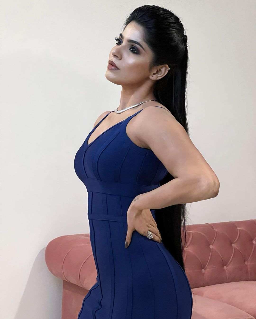 Divybharathi  latest photoshoot in tight blue dress 