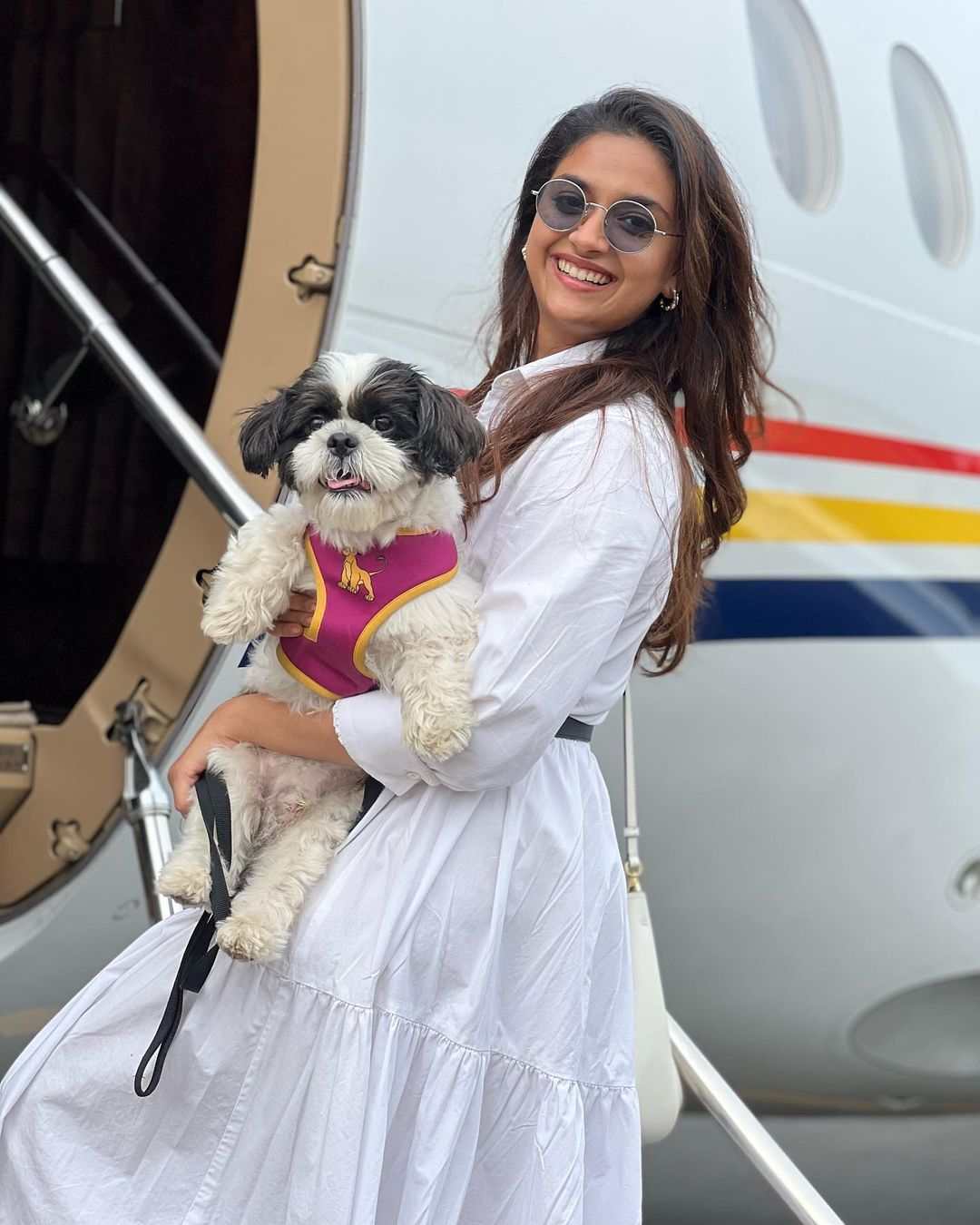 Keerthy suresh with her pet dog in private jet 