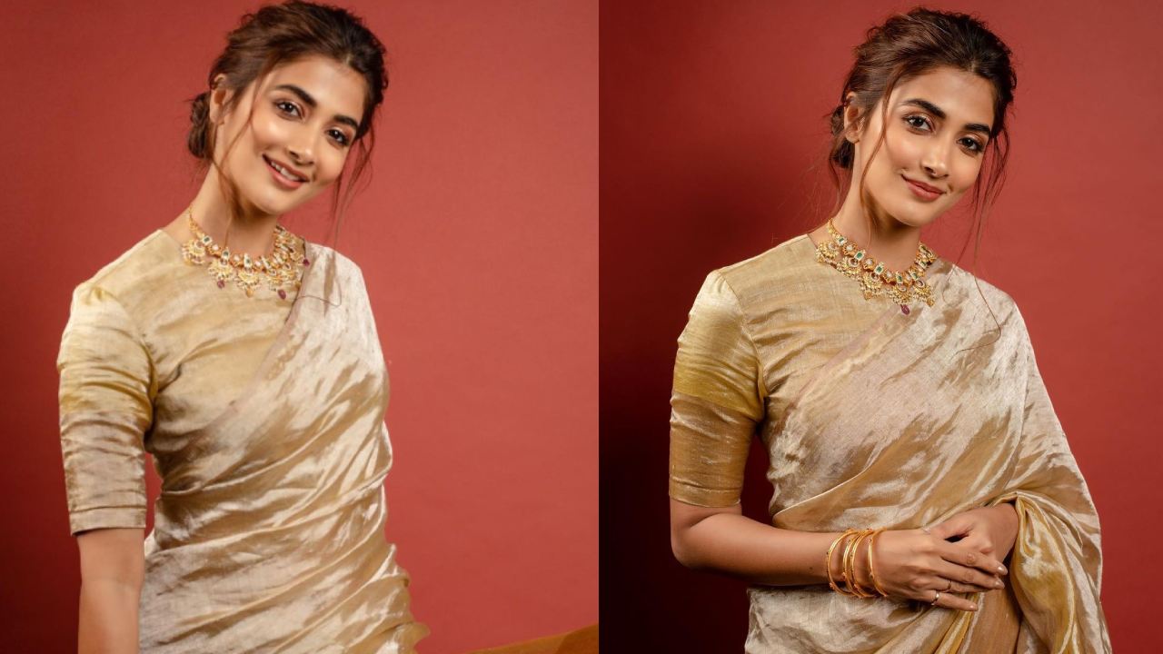 Pooja Hegde Shines In Golden Saree