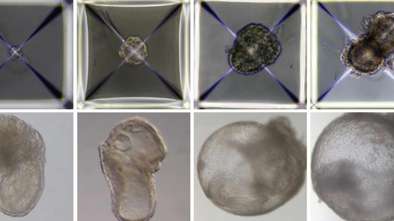 Development of synthetic embryo models from day 1 (top left) to day 8 (bottom right).