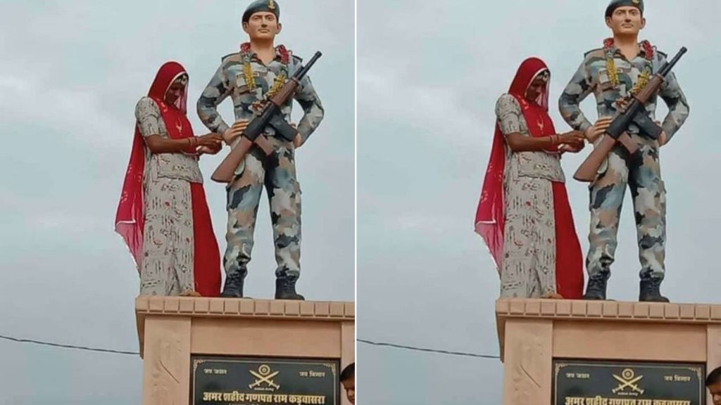 Woman ties rakhi on martyred brother statue