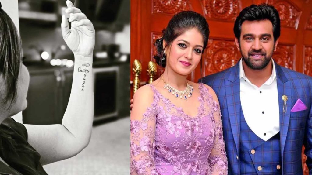 actor meghanaraj got her husband chiranjeevi name tattooed