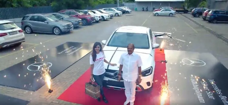 AshuReddy Father Gifted Benz Car on her Birthday