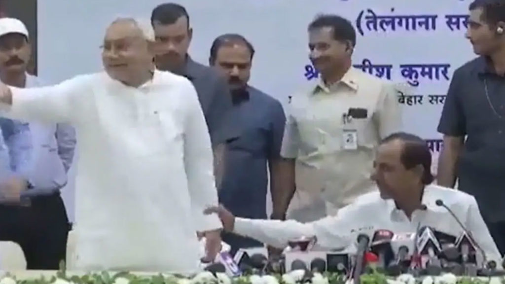 Nitish Kumar stands up to leave presser on PM candidate question then KCR holds him