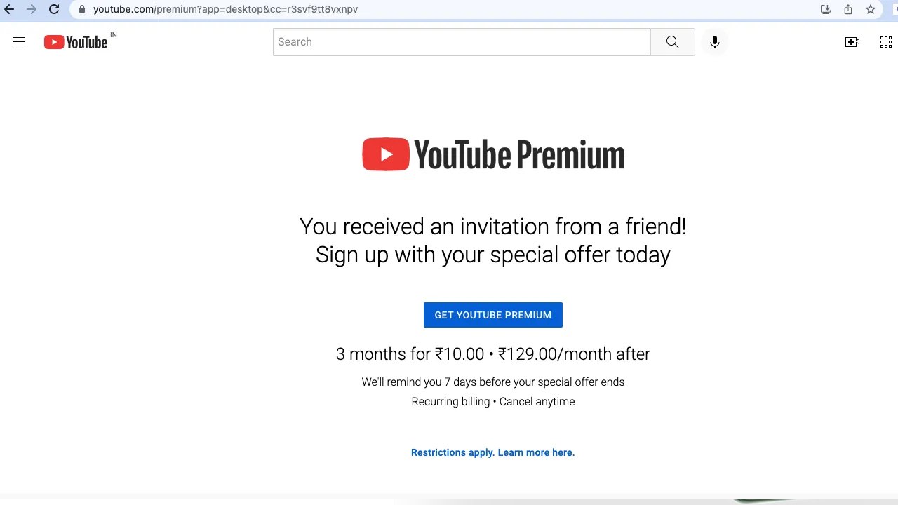 3-months YouTube Premium membership available for Rs 10 in India