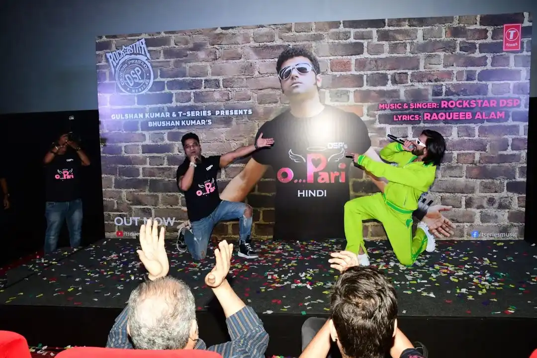 DSP and Ranveer Singh enjoying in O Pari song Launch at Bollywood