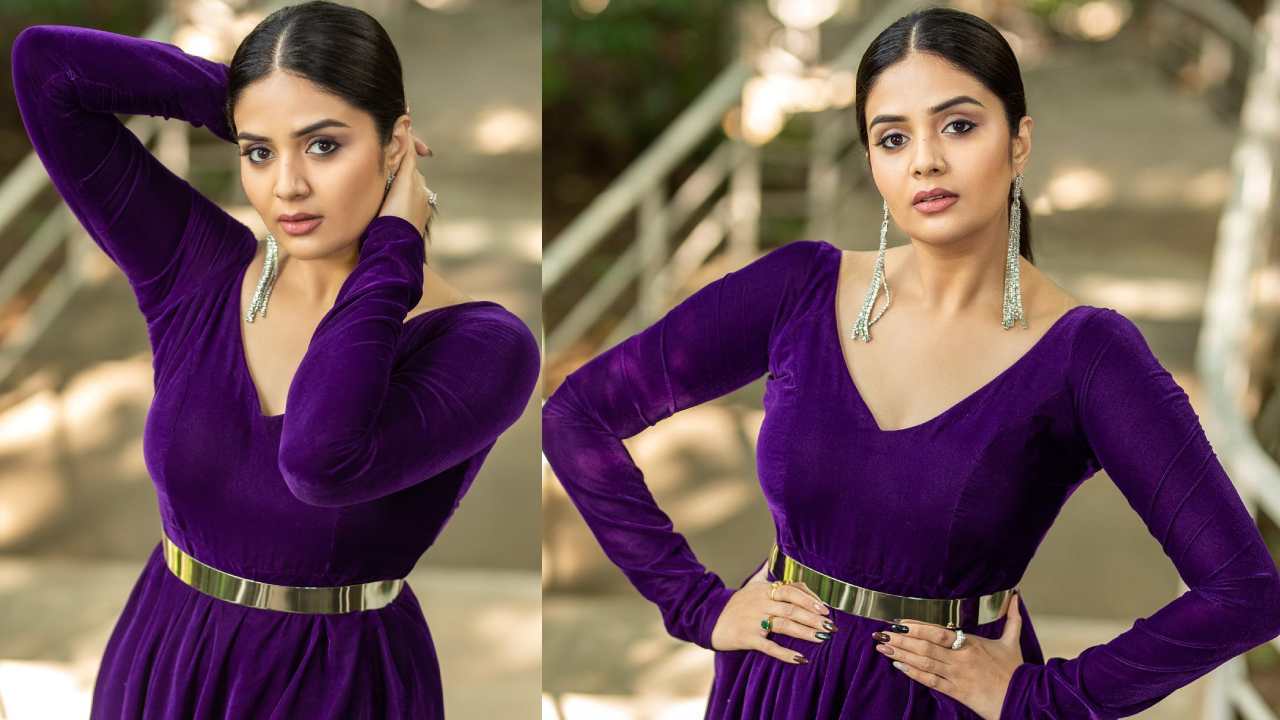 Sreemukhi Sizzling In Blue Long Gown