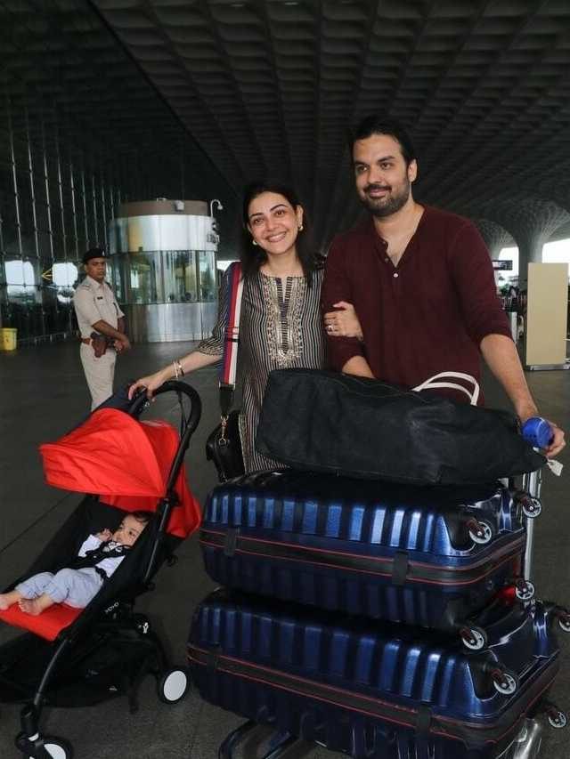 >ఎయిర్‌పోర్ట్‌లో భర్త, కొడుకుతో కలిసి కాజల్ సందడి