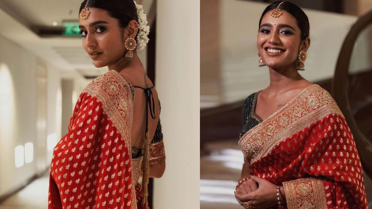 Priya Prakash Varrier : ఎర్రని చీర కట్టి.. కొప్పున పూలు పెట్టి.. పద్దతిగా ప్రియా వారియర్..