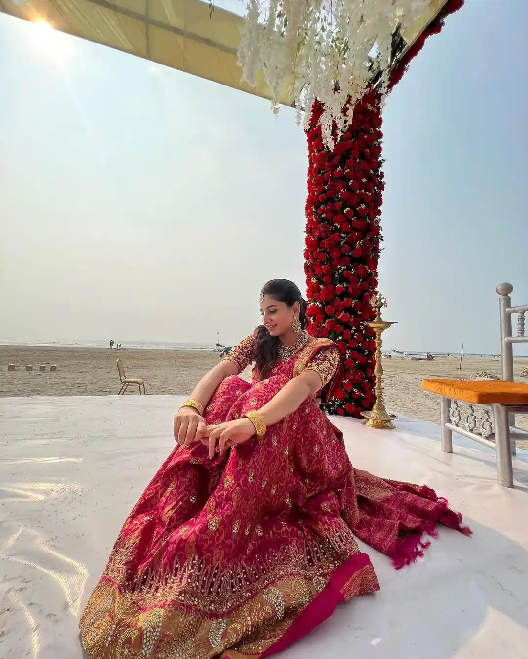 Anchor Varshini Special Photos in Wedding Saree at Goa Beach 