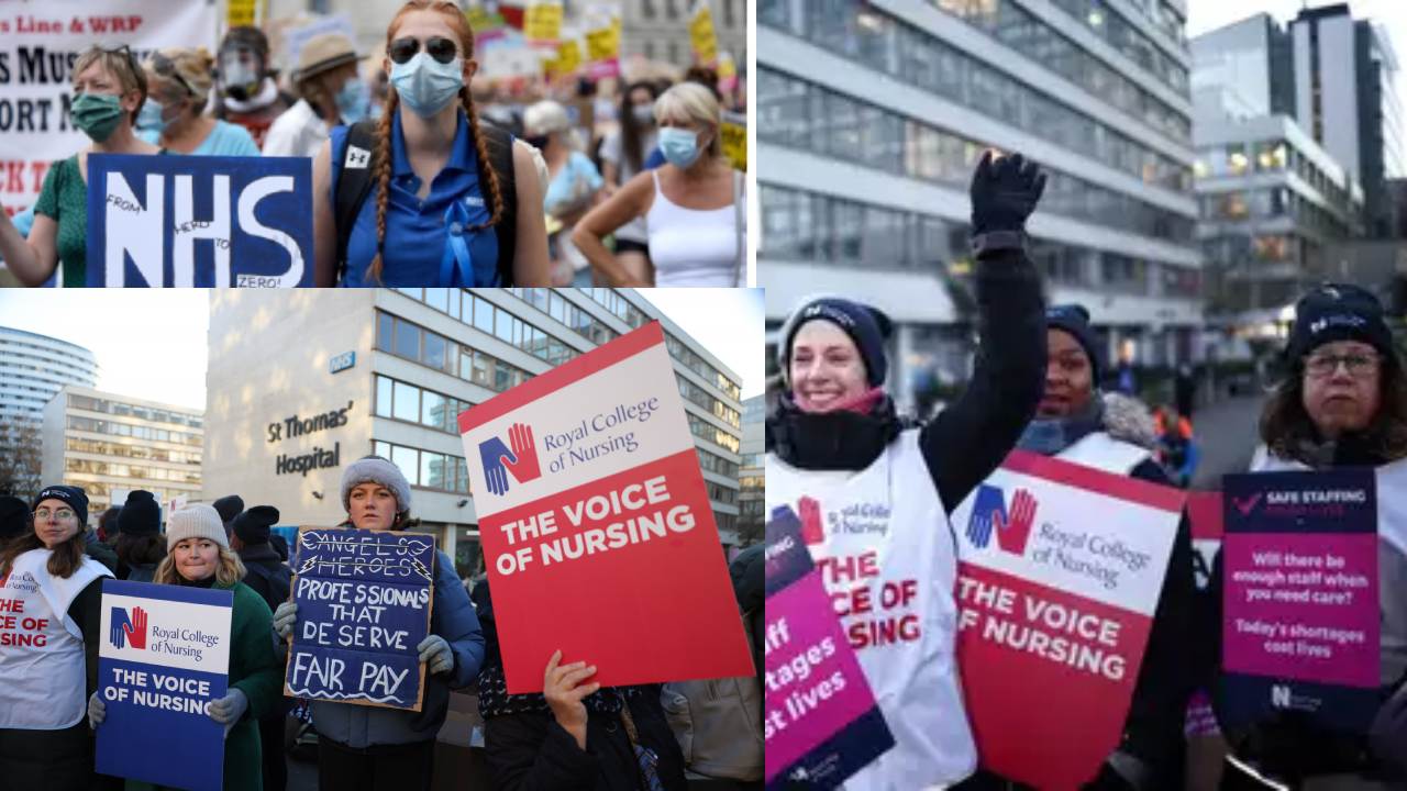 UK Nurses Strike : 106 ఏళ్ల చరిత్రలో మొదటిసారి..యూకేలో జీతాలు పెంచాలని నర్సుల దర్నా.. విధులు బహిష్కరించిన లక్ష మంది సిబ్బంది UK Nurses Strike : 106 ఏళ్ల చరిత్రలో మొదటిసారి..యూకేలో జీతాలు పెంచాలని నర్సుల దర్నా.. విధులు బహిష్కరించిన లక్ష మంది సిబ్బంది
