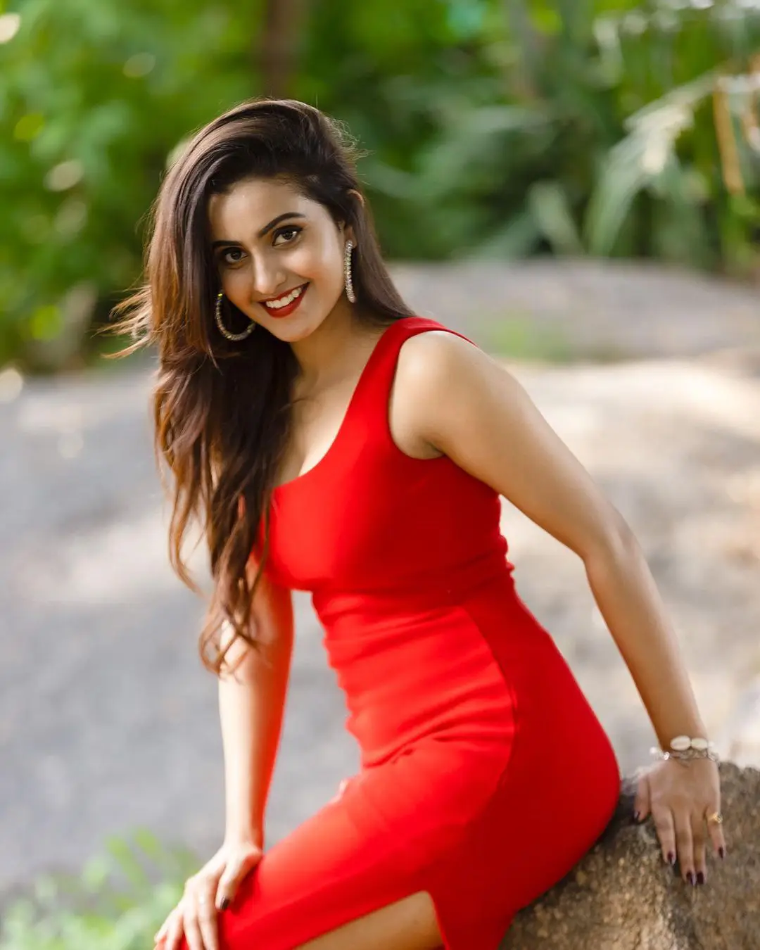 Deepika Pilli shining in Red Tight fit dress