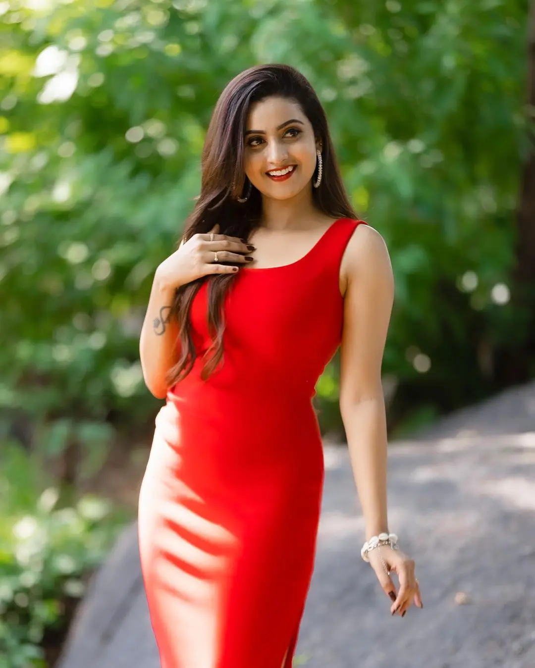 Deepika Pilli shining in Red Tight fit dress