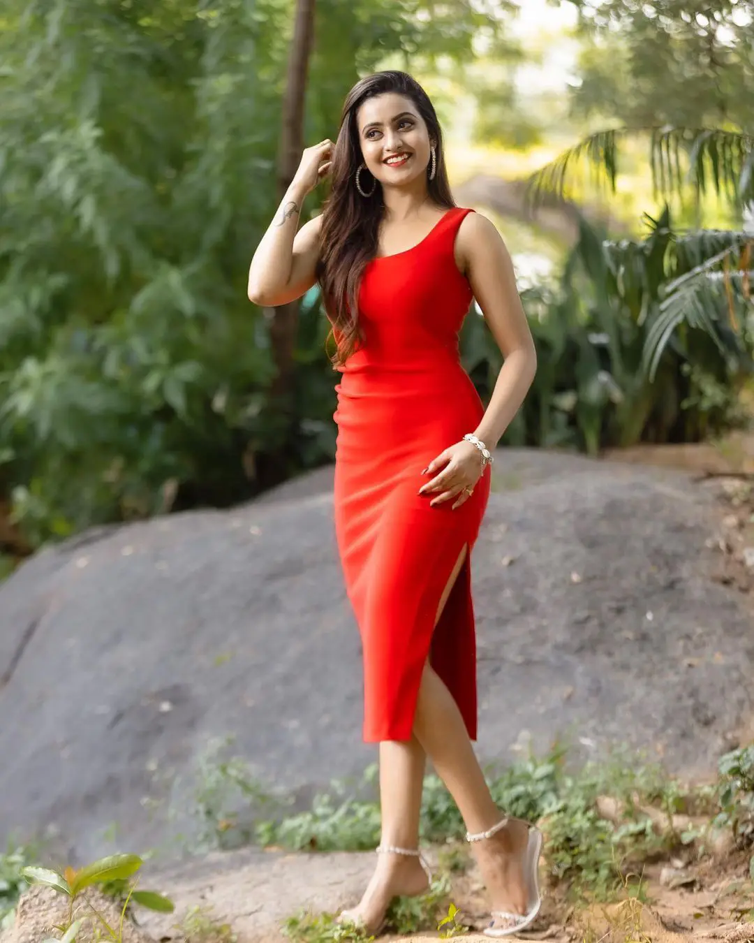 Deepika Pilli shining in Red Tight fit dress