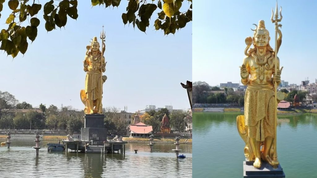 111 feet gold lord shiva statue unveiled in vadodara sursagar lake