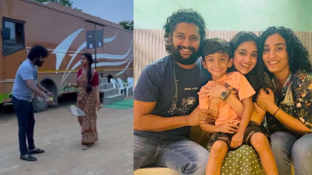 Nani and keerthy suresh playing shuttle in dasara movie sets while shot gap