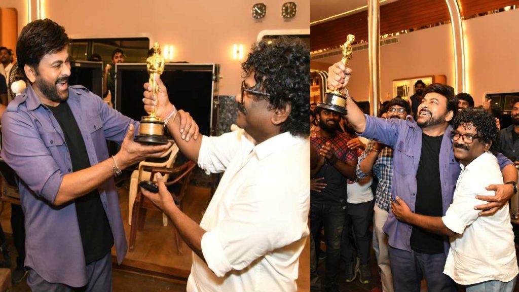 Chiranjeevi felicitate oscar winner Chandrabose at Bhola Shankar sets
