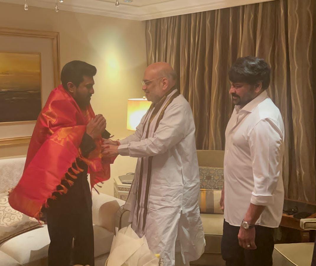 Ram Charan and Chiranjeevi meet Amit Shah in Delhi 