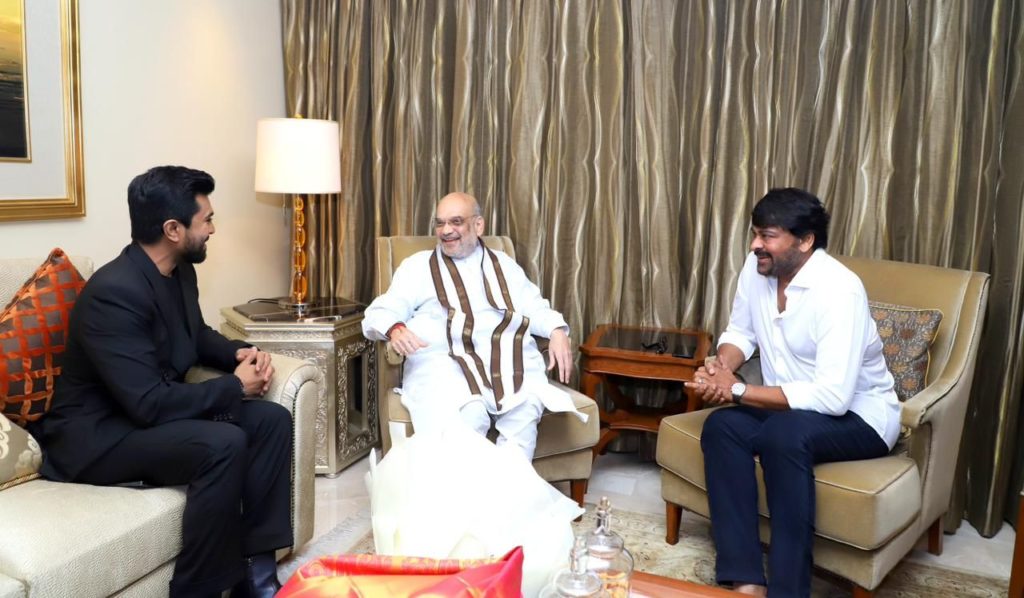 Ram Charan and Chiranjeevi meets Amit Shah in Delhi
