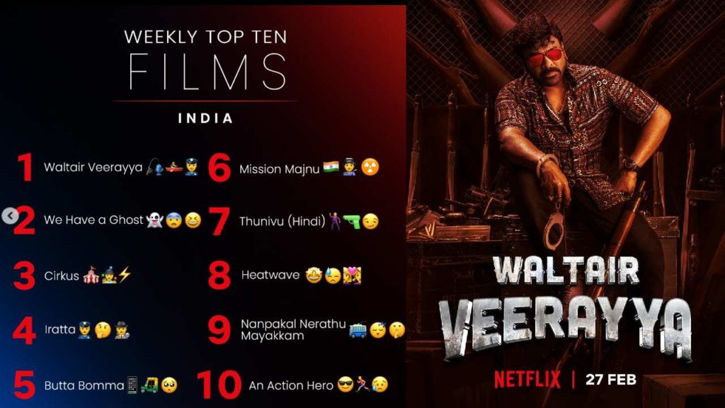 waltair veerayya is number one streaming movie in netflix india