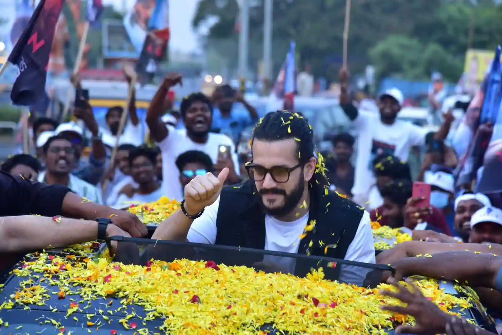 Akkineni Akhil Bike rally for Agent trailer launch at kakinada