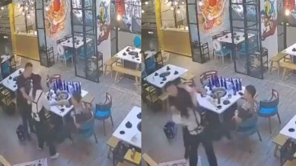 Girl fight with boys in restaurant