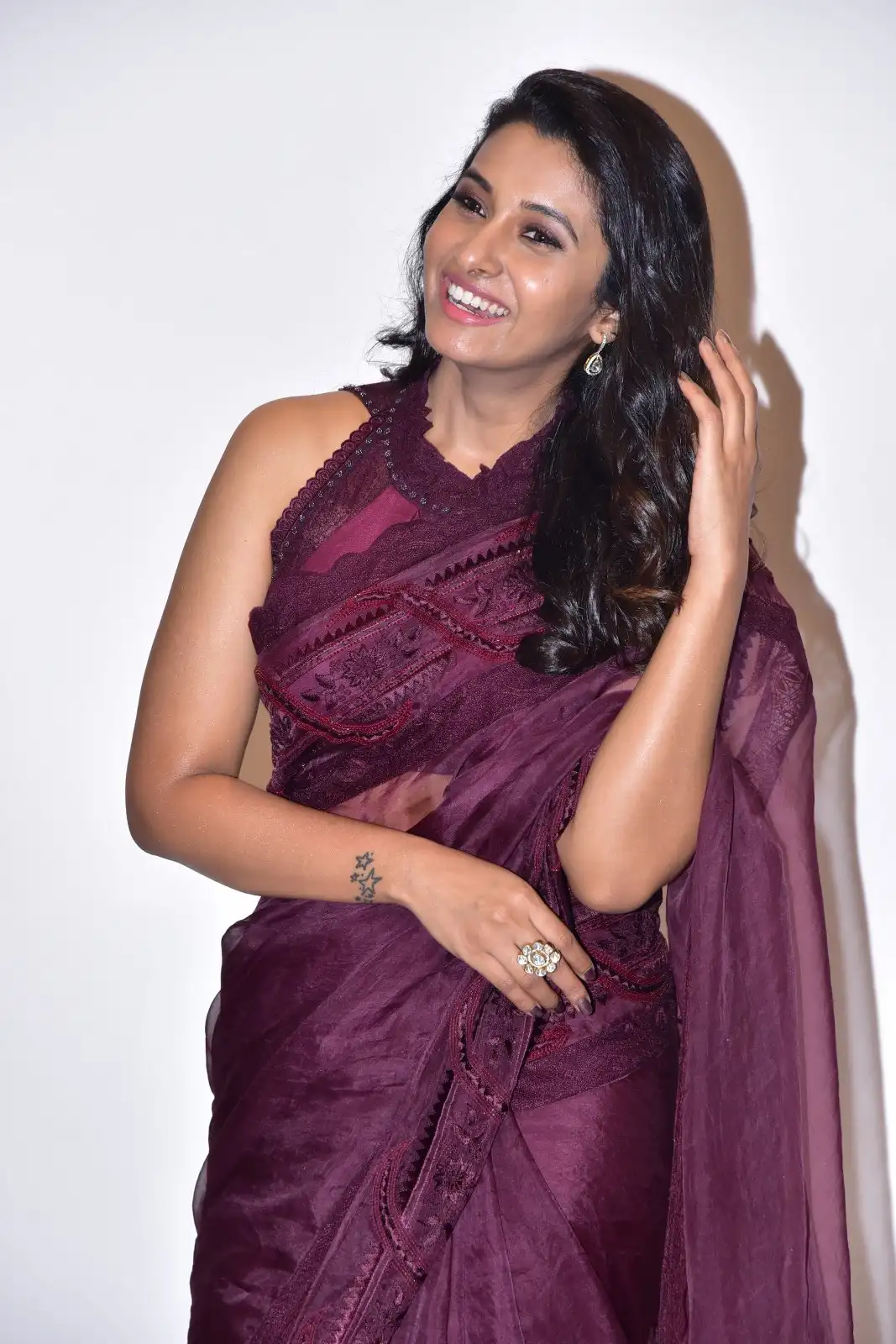 Priya Bhavani Shankar shines in Saree at Rudrudu Pre Release Event 