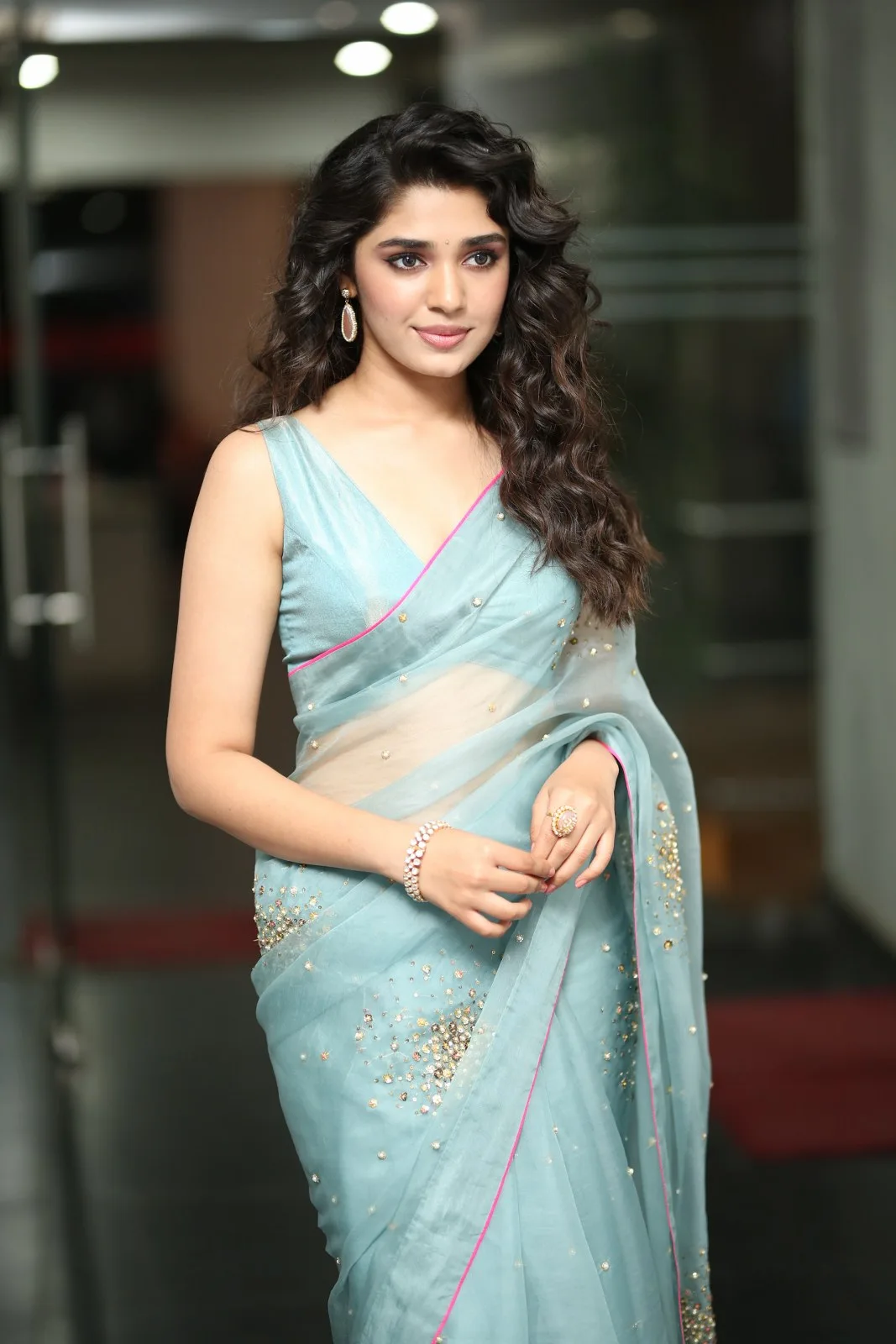 Krithi Shetty mesmerizing looks in saree at custody press meet