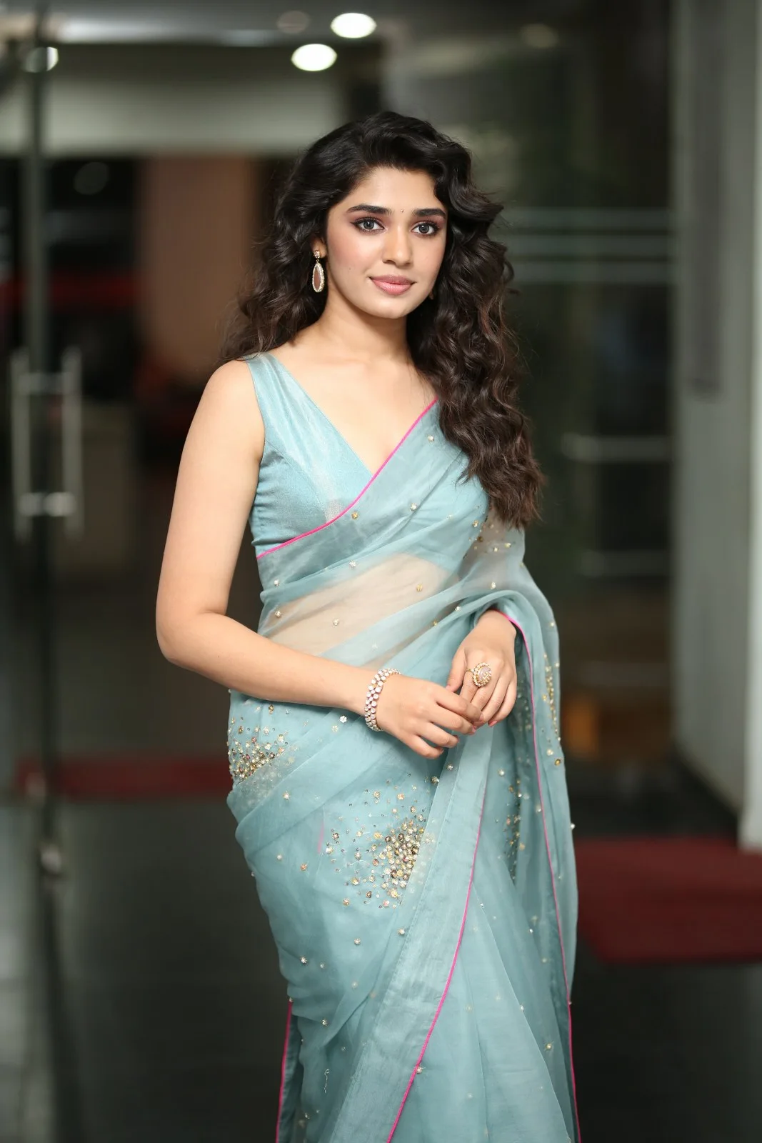 Krithi Shetty mesmerizing looks in saree at custody press meet